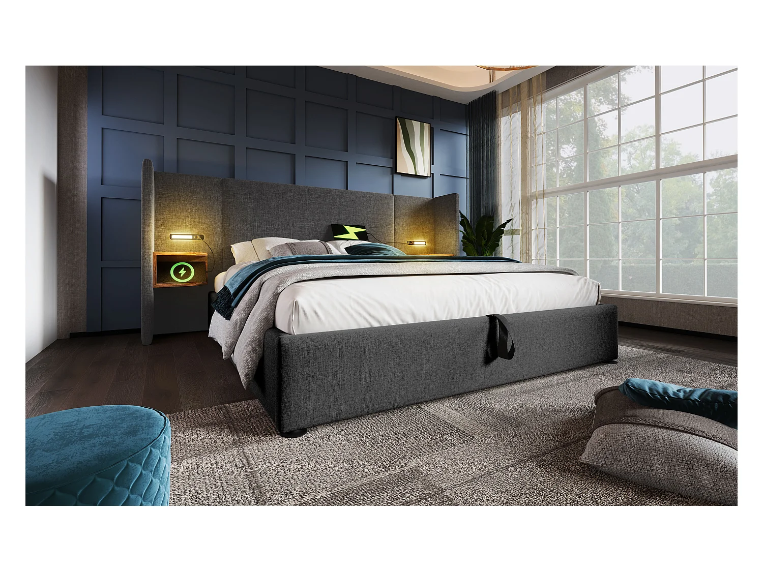 Lit double 160×200 cm avec table de nuit, lampe de lecture et chargeur USB Type-C, cadre en bois massif et métal, gris, lin