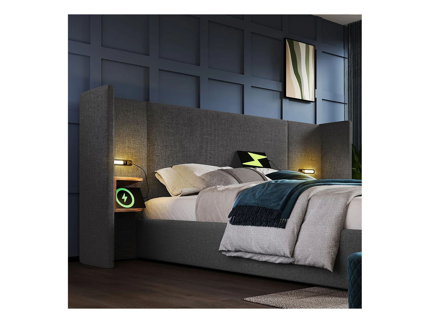Lit double 160×200 cm avec table de nuit, lampe de lecture et chargeur USB Type-C, cadre en bois massif et métal, gris, lin