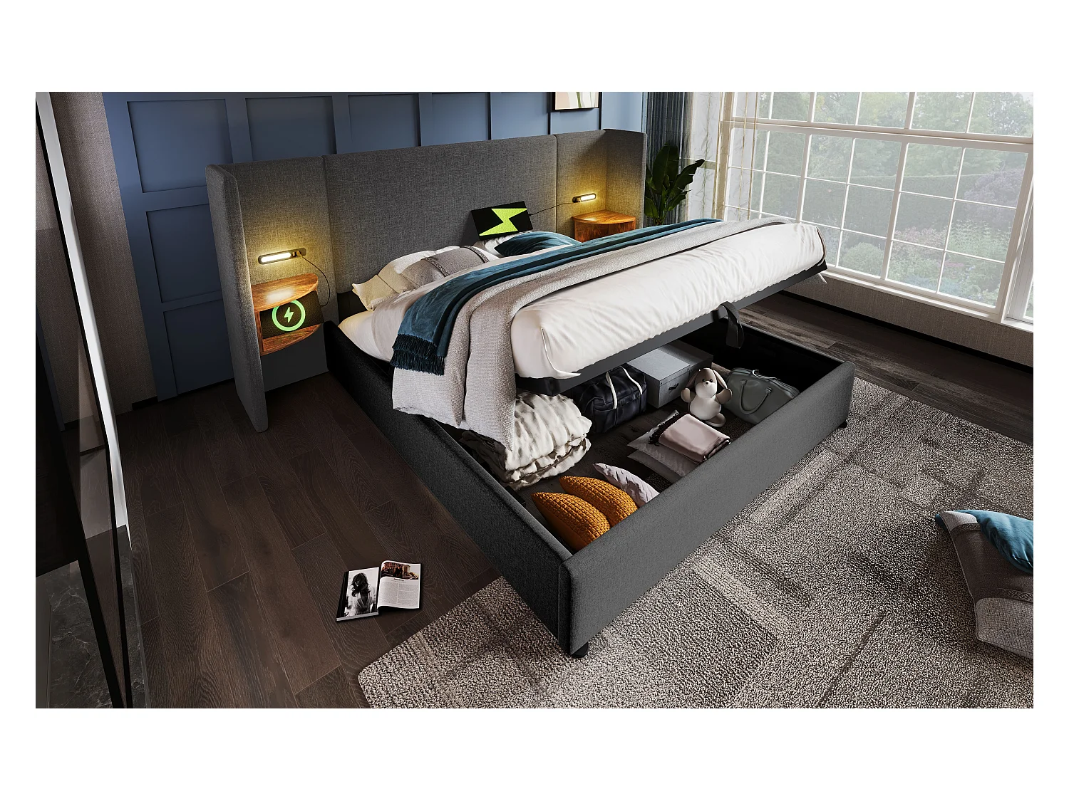 Lit double 160×200 cm avec table de nuit, lampe de lecture et chargeur USB Type-C, cadre en bois massif et métal, gris, lin