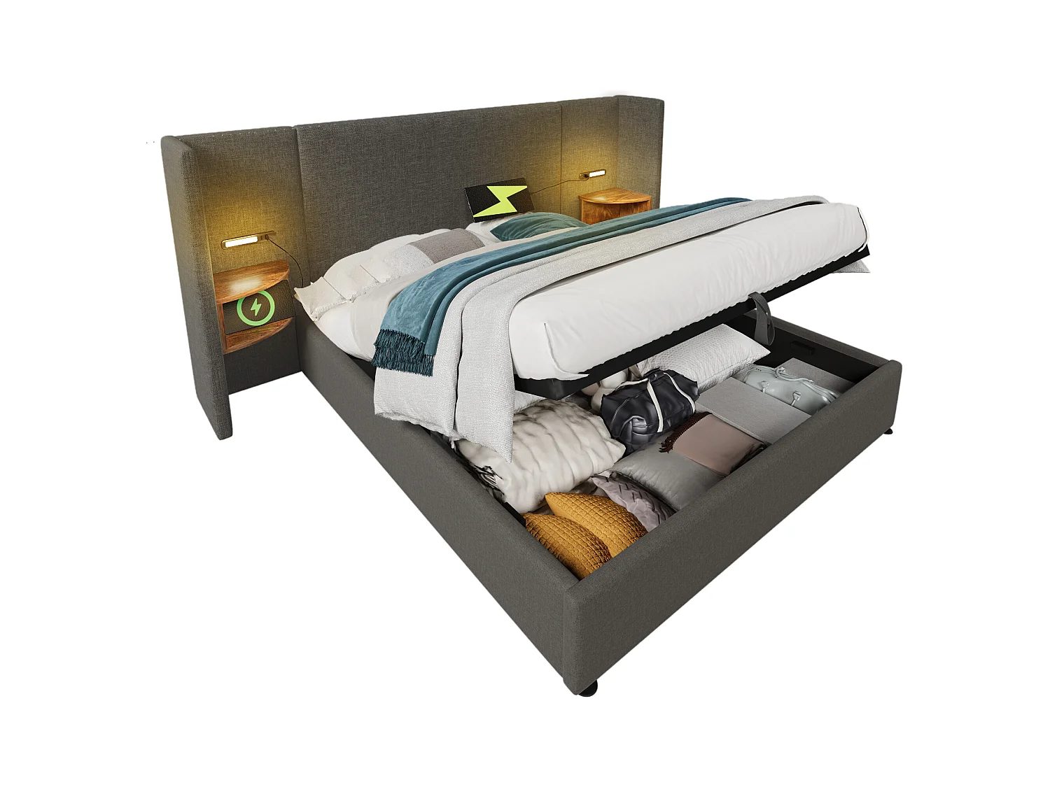 Lit double 160×200 cm avec table de nuit, lampe de lecture et chargeur USB Type-C, cadre en bois massif et métal, gris, lin