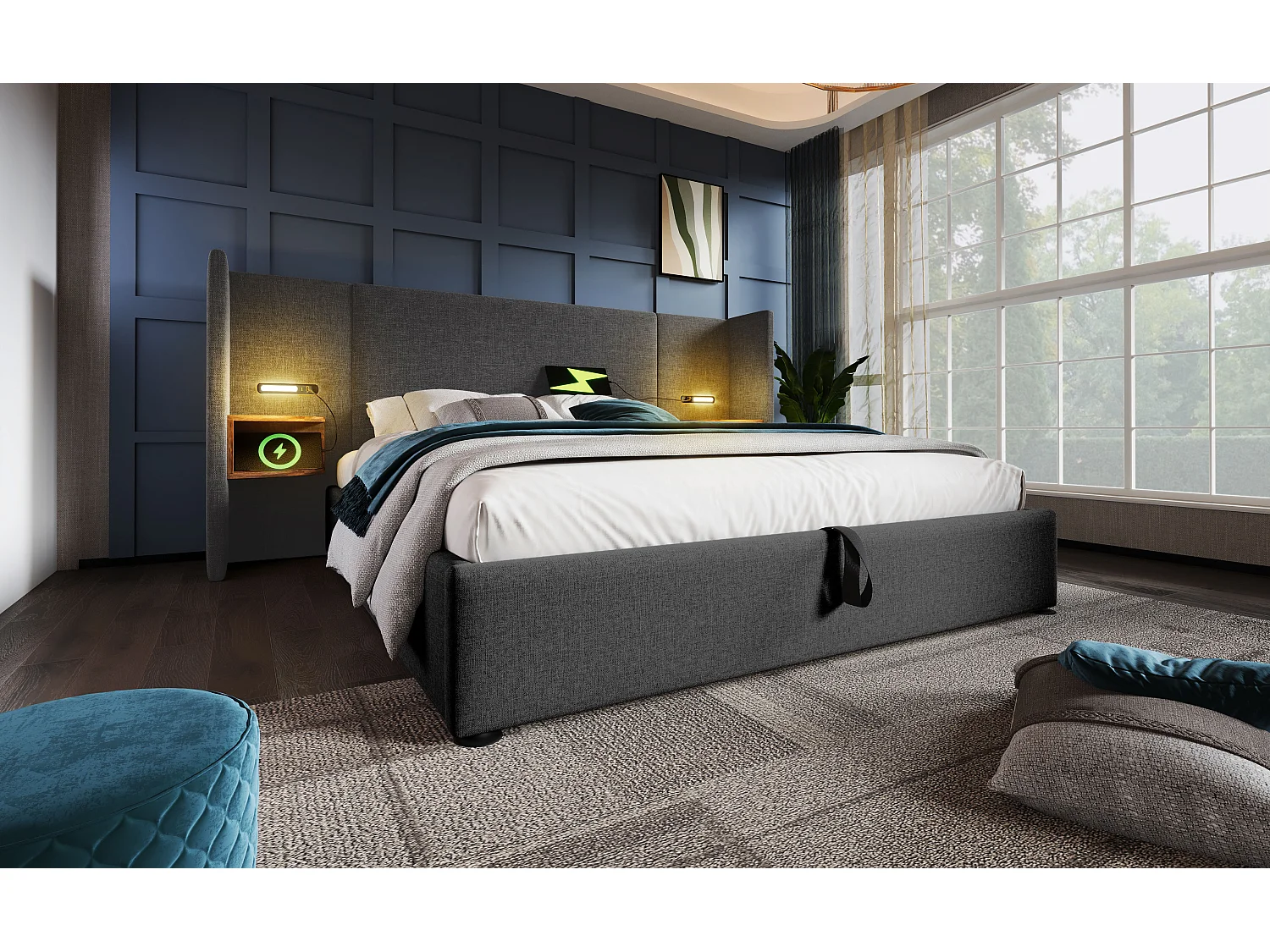 Lit double 160×200 cm avec table de nuit, lampe de lecture et chargeur USB Type-C, cadre en bois massif et métal, gris, lin