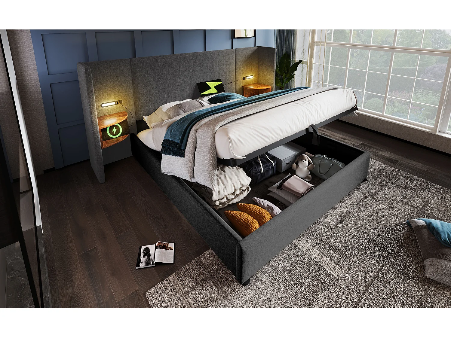 Lit double 160×200 cm avec table de nuit, lampe de lecture et chargeur USB Type-C, cadre en bois massif et métal, gris, lin