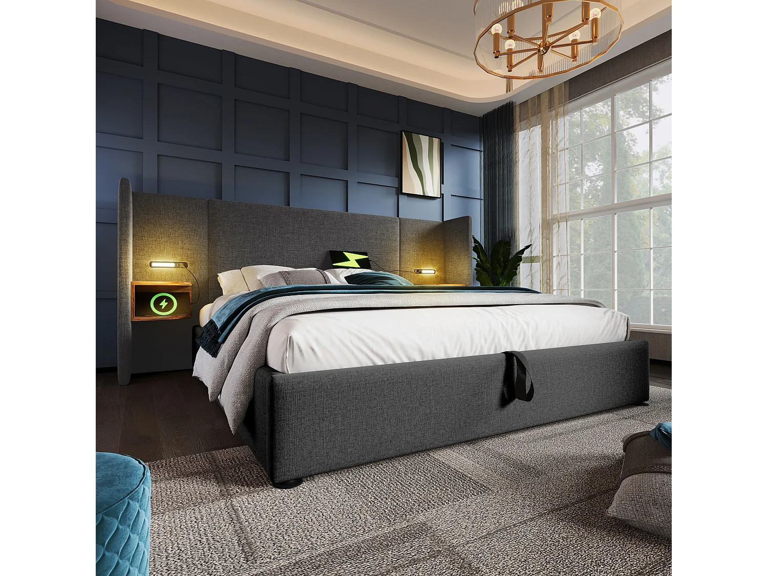 Lit double 160×200 cm avec table de nuit, lampe de lecture et chargeur USB Type-C, cadre en bois massif et métal, gris, lin