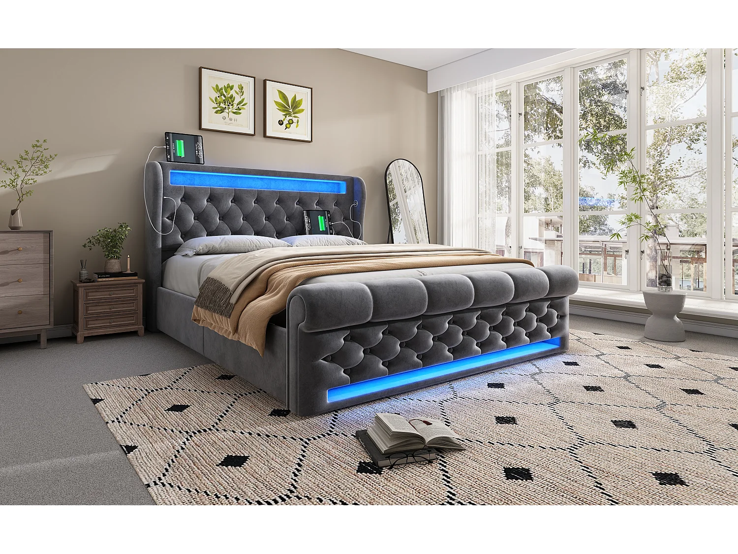 Lit moderne en velours 140x200 cm, avec éclairage LED, tête de lit avec ports USB et Type-C, gris