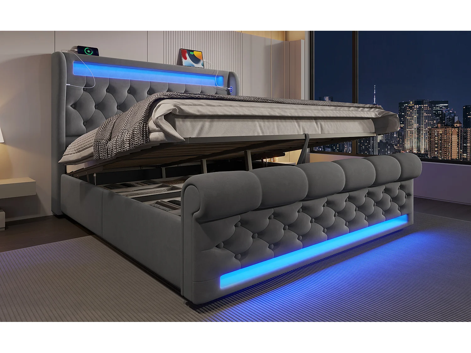 Lit moderne en velours 140x200 cm, avec éclairage LED, tête de lit avec ports USB et Type-C, gris