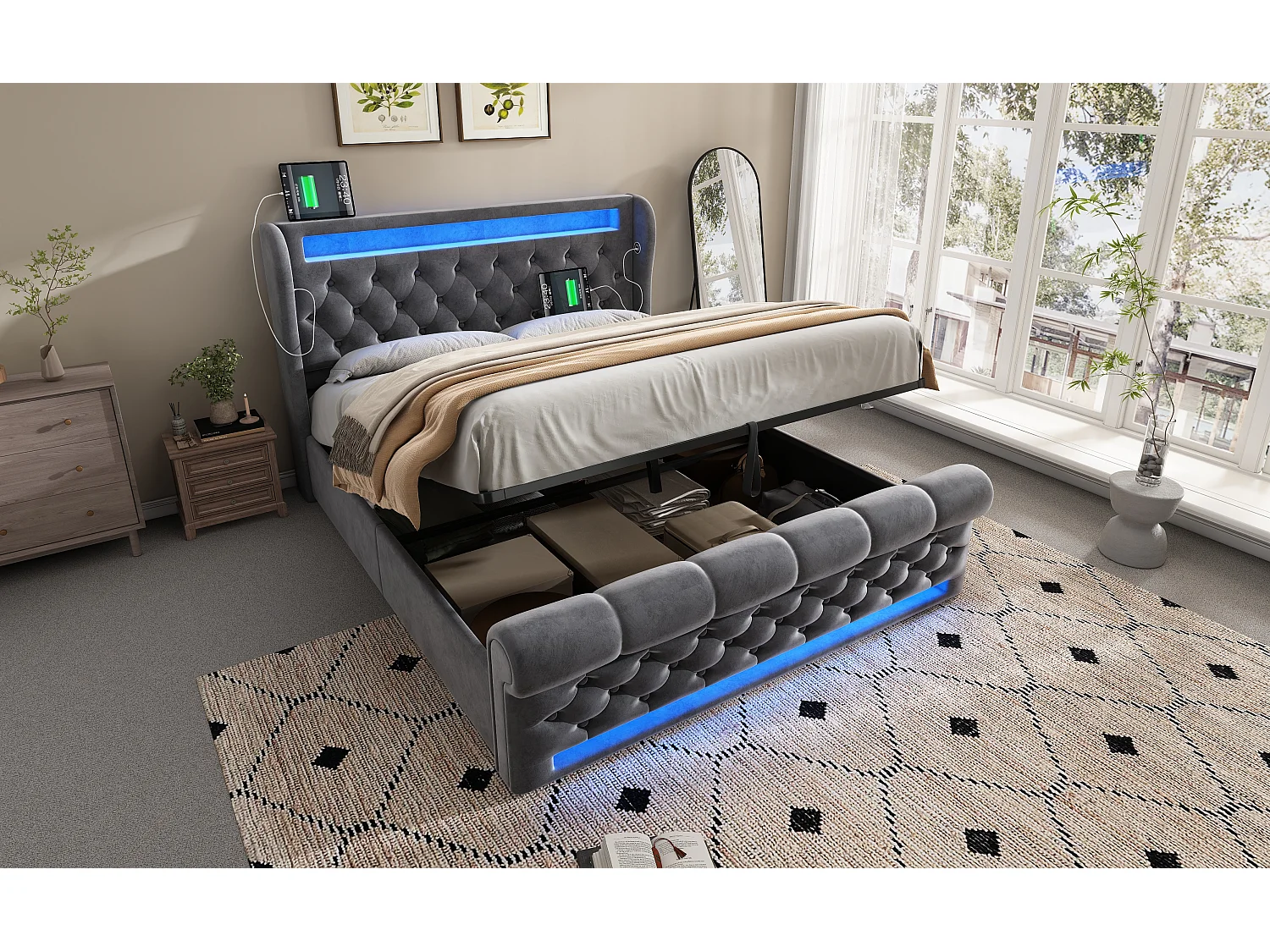 Lit moderne en velours 140x200 cm, avec éclairage LED, tête de lit avec ports USB et Type-C, gris