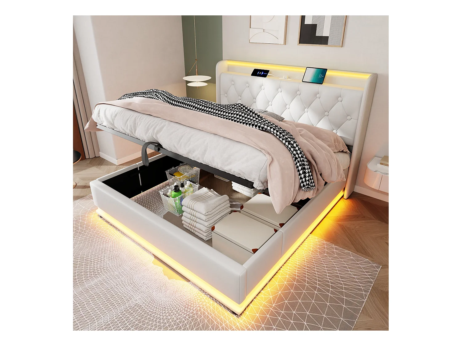 Lit double 160×200 cm en PU blanc avec éclairage LED 360°, tête de lit rembourrée et port USB