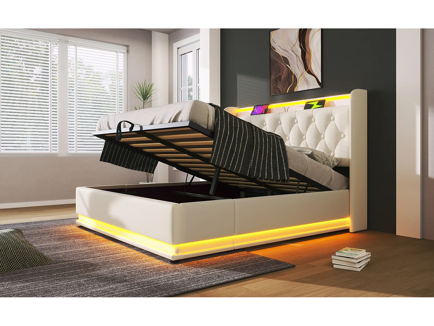Lit double 160×200 cm en PU blanc avec éclairage LED 360°, tête de lit rembourrée et port USB