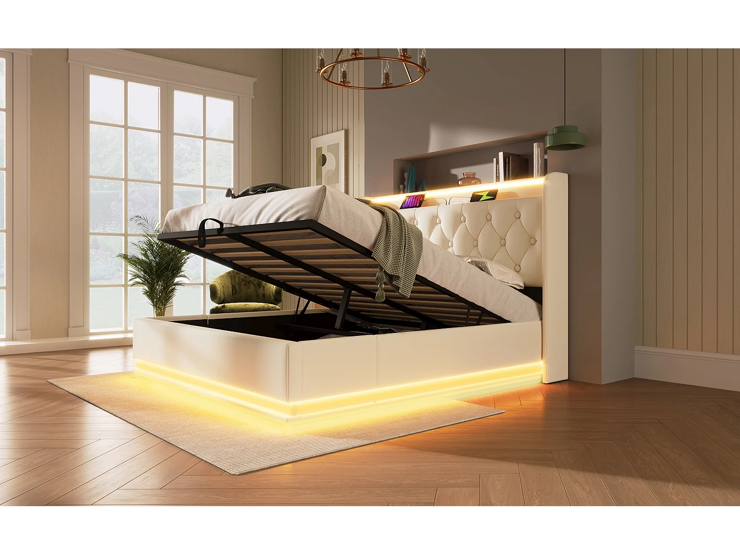 Lit double 160×200 cm en PU blanc avec éclairage LED 360°, tête de lit rembourrée et port USB