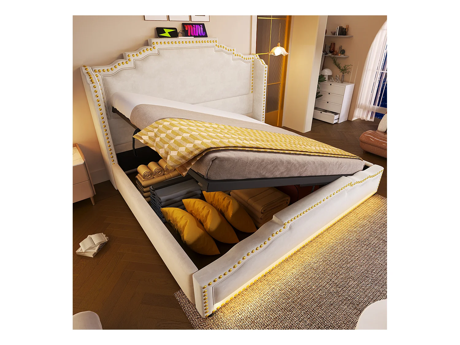 Lit vintage 160x200 cm en velours beige avec rangement hydraulique et éclairage LED