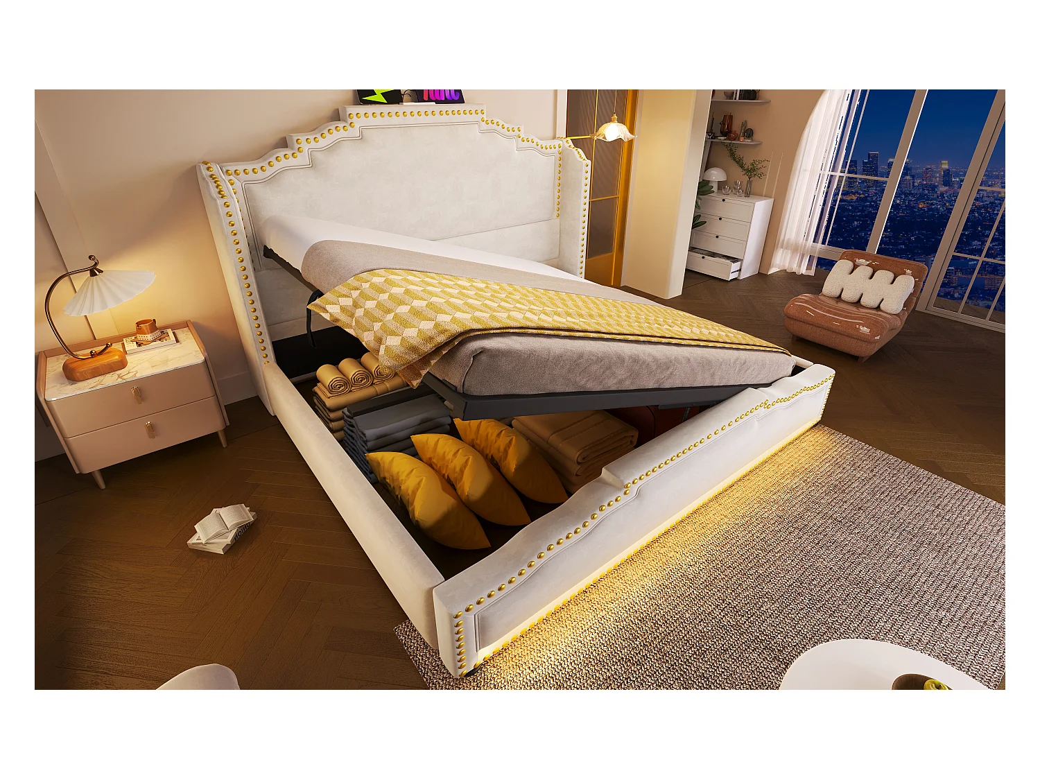 Lit vintage 160x200 cm en velours beige avec rangement hydraulique et éclairage LED