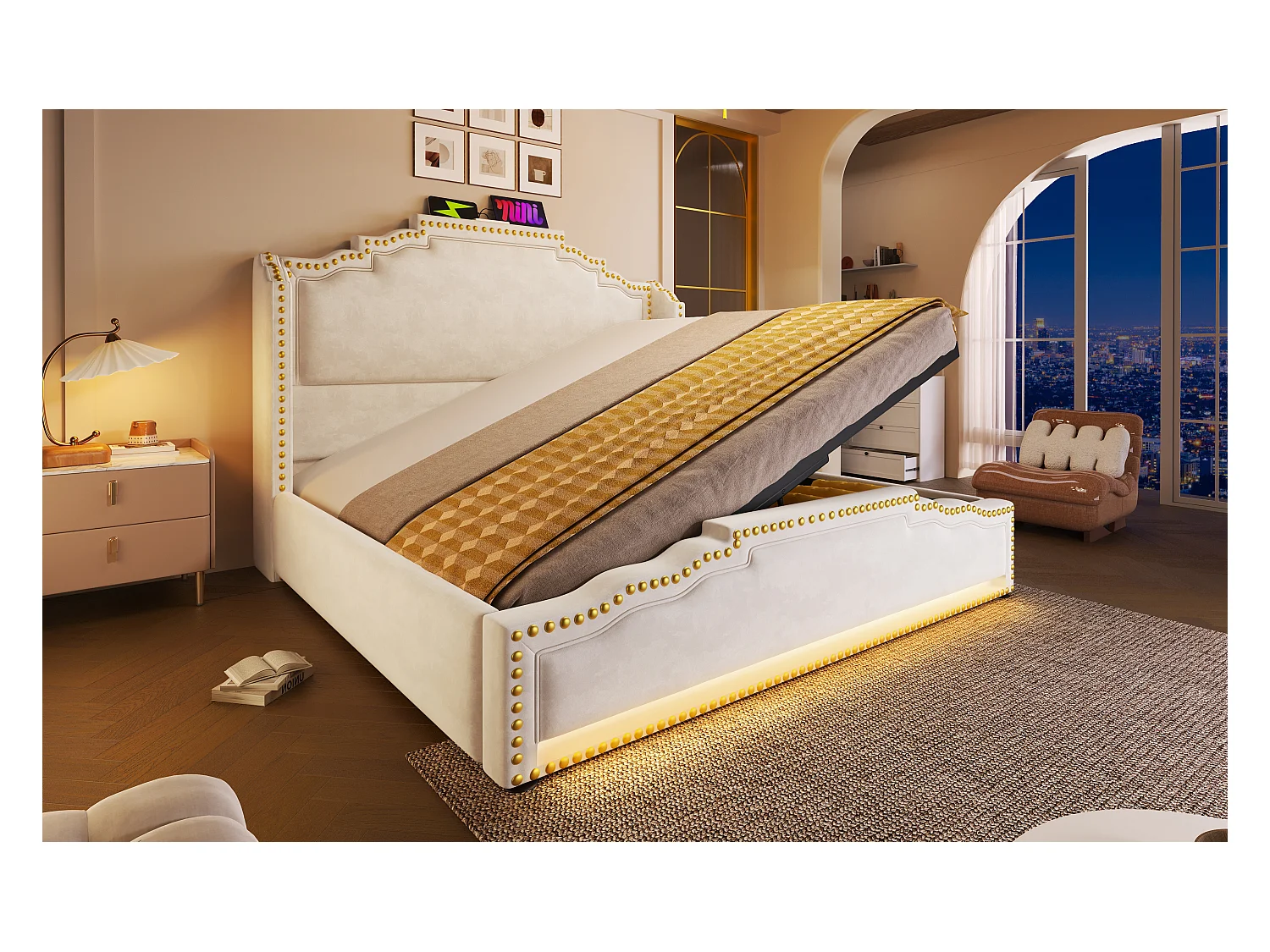 Lit vintage 160x200 cm en velours beige avec rangement hydraulique et éclairage LED