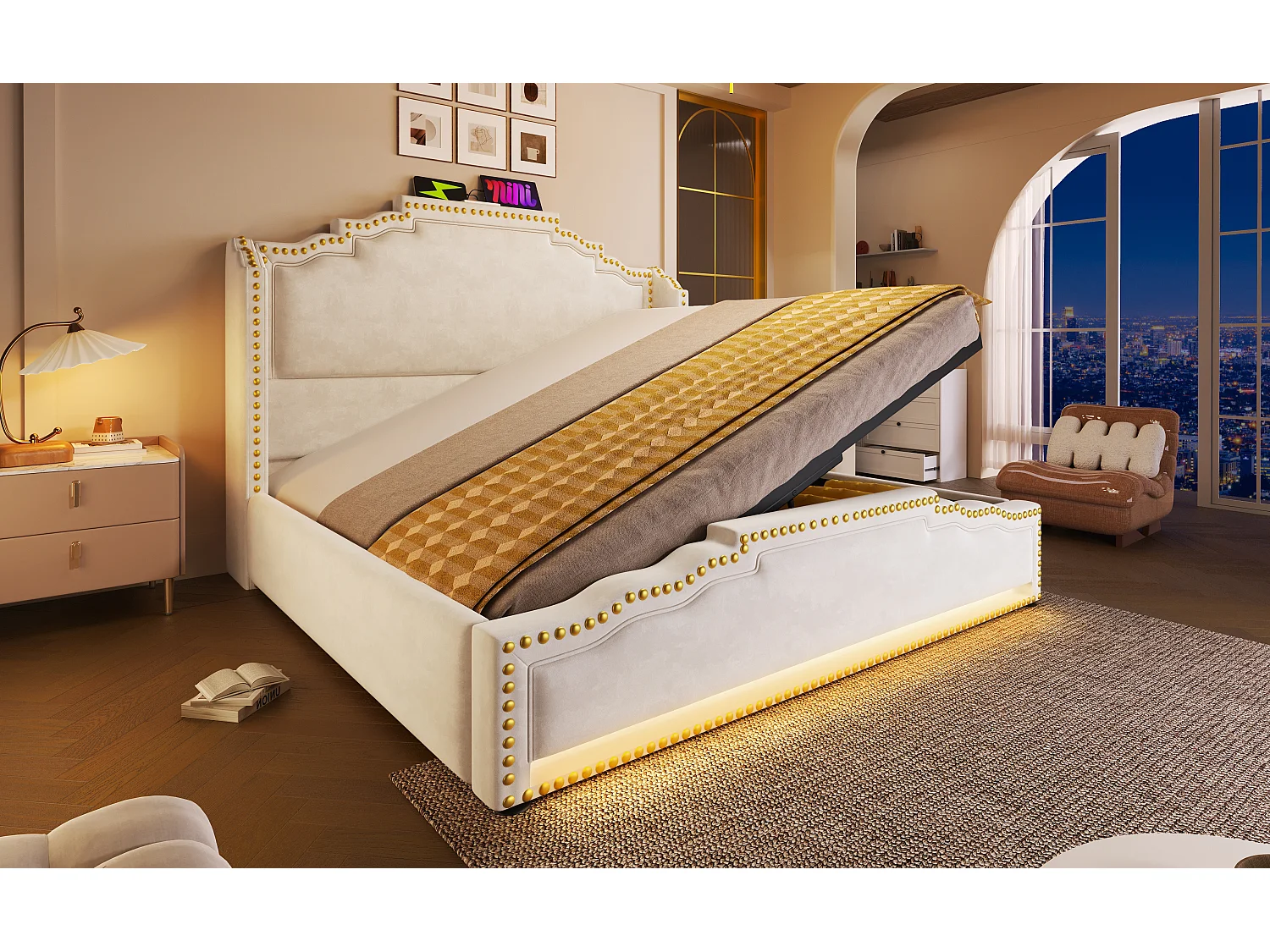 Lit vintage 160x200 cm en velours beige avec rangement hydraulique et éclairage LED