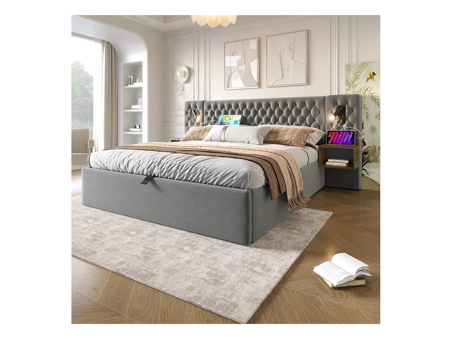 Lit double 160×200 cm en velours gris avec 2 tables de nuit et éclairage USB intégré
