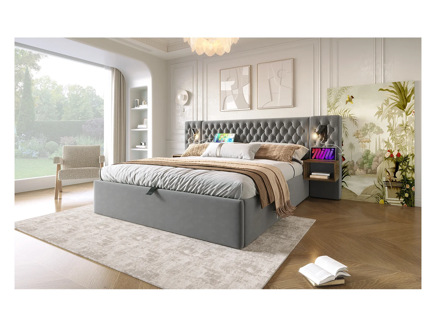 Lit double 160×200 cm en velours gris avec 2 tables de nuit et éclairage USB intégré