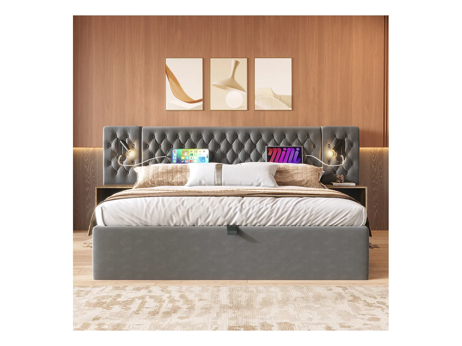 Lit double 160×200 cm en velours gris avec 2 tables de nuit et éclairage USB intégré