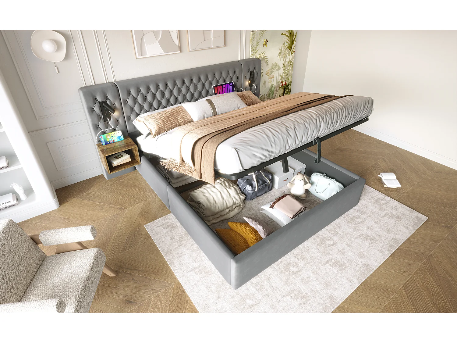 Lit double 160×200 cm en velours gris avec 2 tables de nuit et éclairage USB intégré