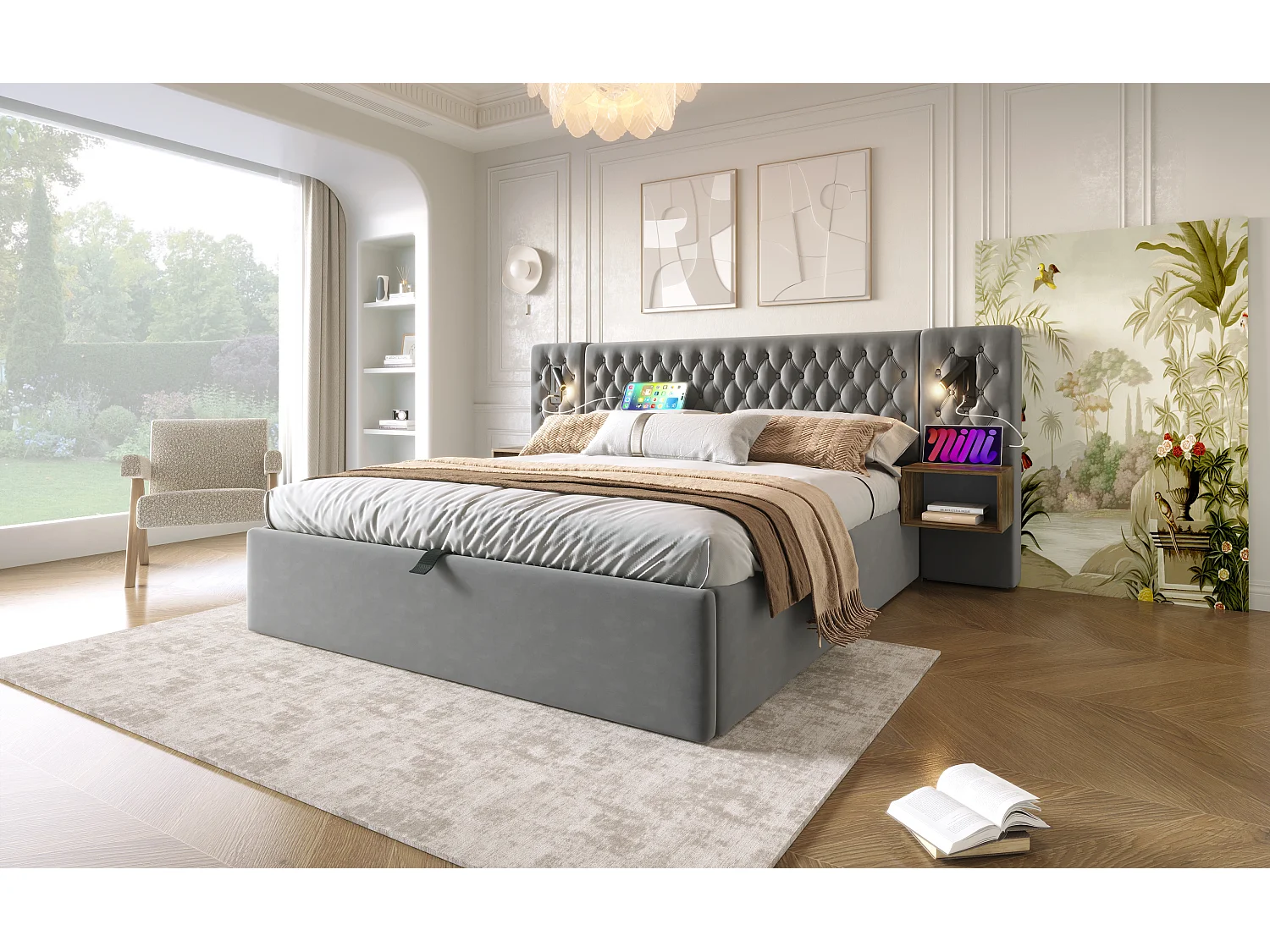 Lit double 160×200 cm en velours gris avec 2 tables de nuit et éclairage USB intégré