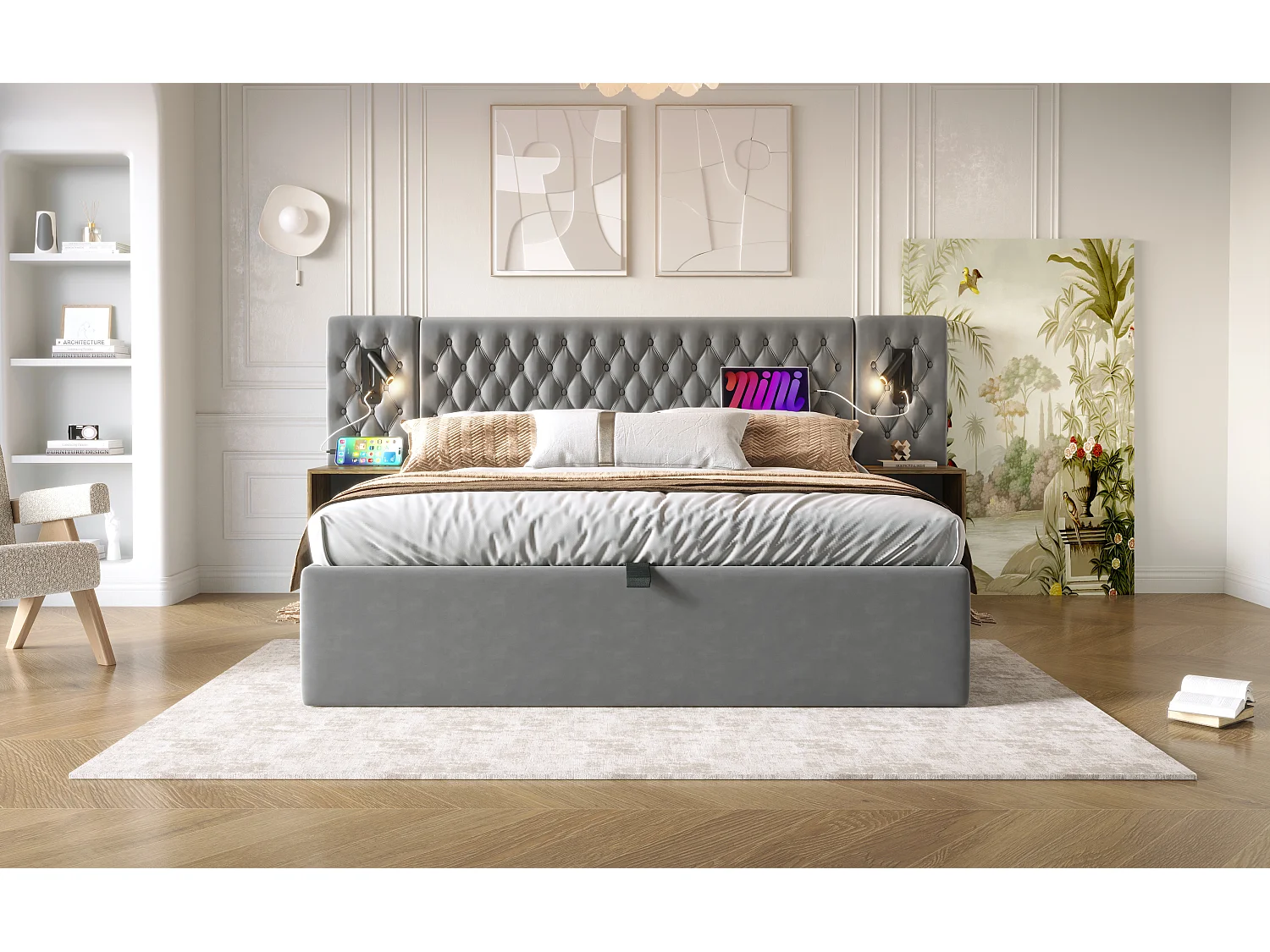 Lit double 160×200 cm en velours gris avec 2 tables de nuit et éclairage USB intégré