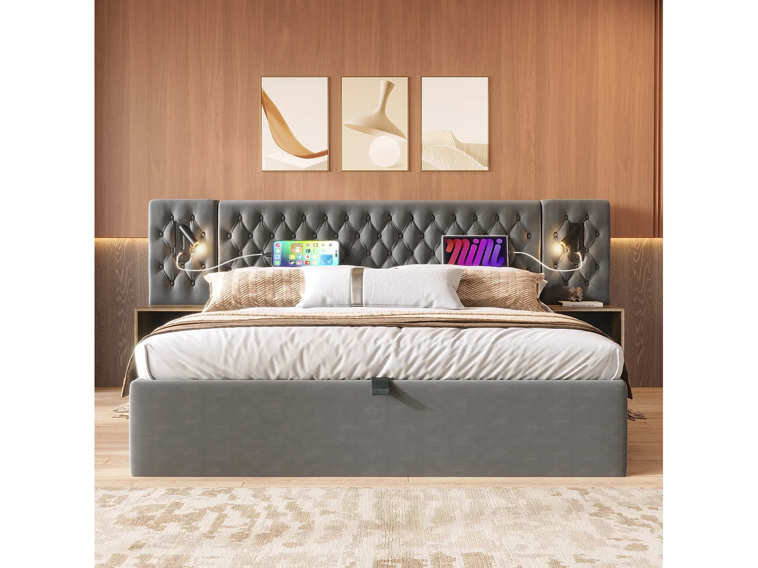 Lit double 160×200 cm en velours gris avec 2 tables de nuit et éclairage USB intégré