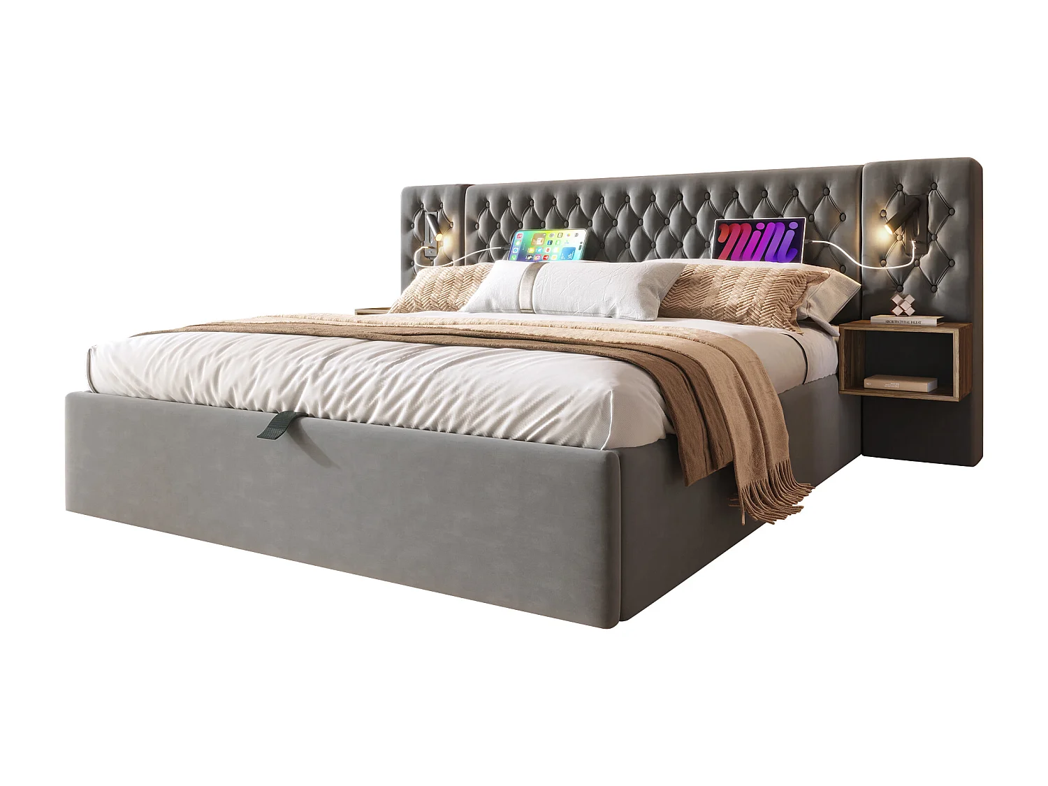 Lit double 160×200 cm en velours gris avec 2 tables de nuit et éclairage USB intégré