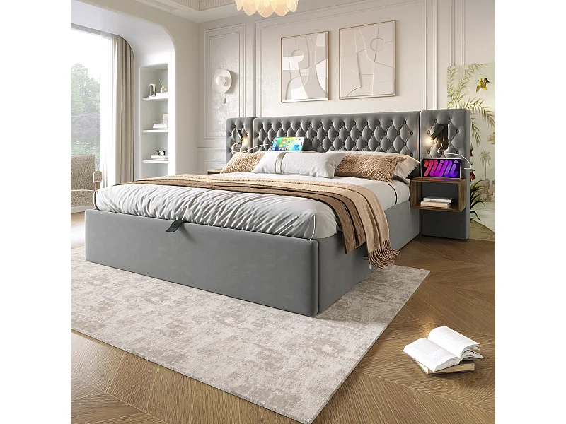 Lit double 160×200 cm en velours gris avec 2 tables de nuit et éclairage USB intégré