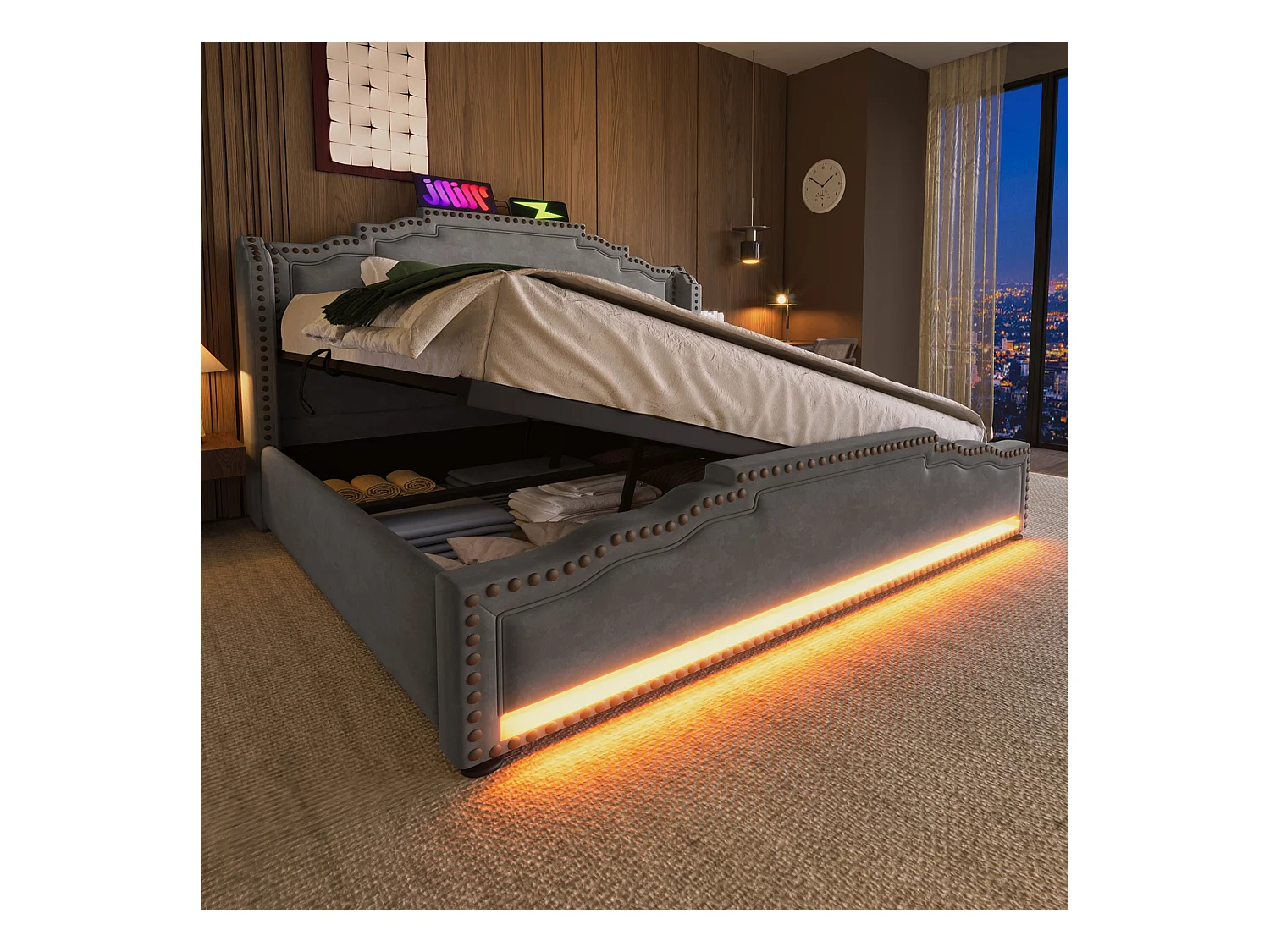 Lit double 160x200 cm en velours gris avec rangement hydraulique et éclairage LED