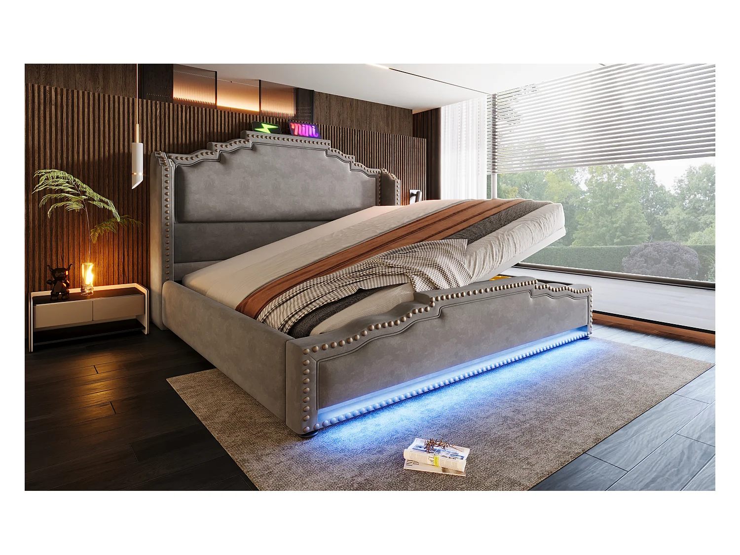 Lit double 160x200 cm en velours gris avec rangement hydraulique et éclairage LED