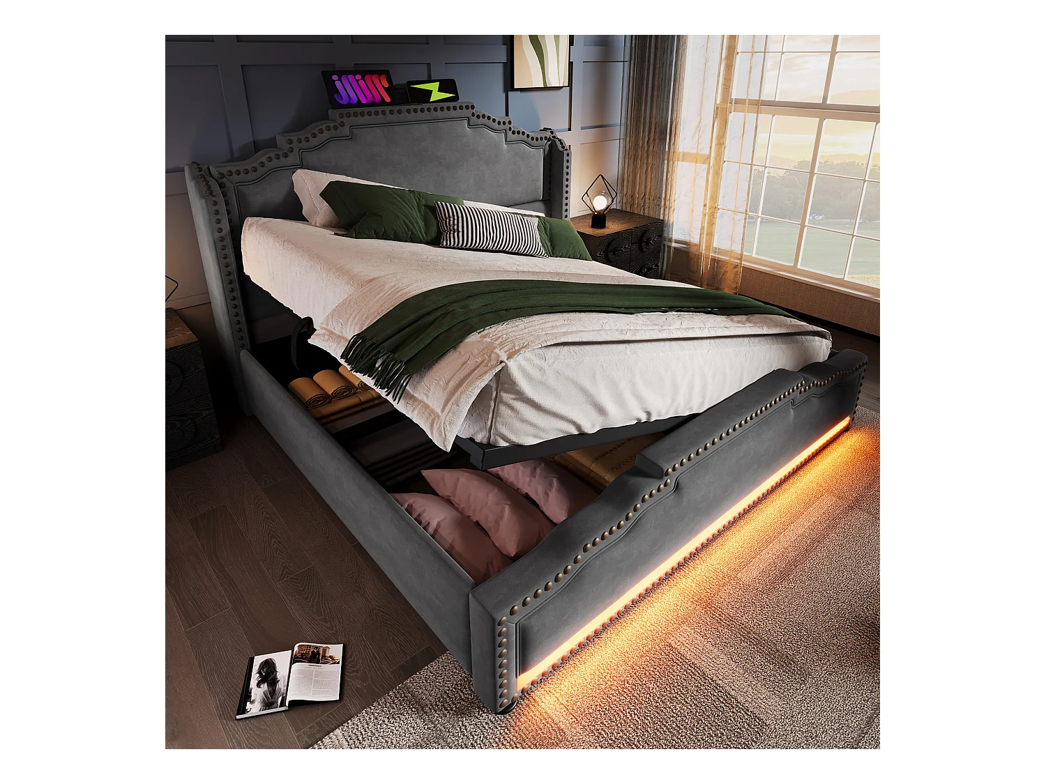 Lit double 160x200 cm en velours gris avec rangement hydraulique et éclairage LED