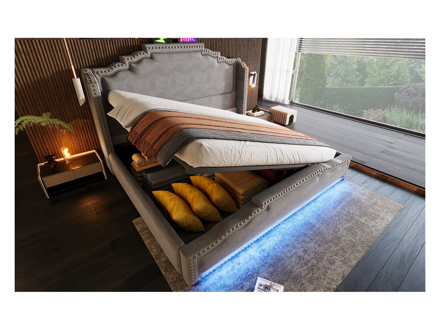 Lit double 160x200 cm en velours gris avec rangement hydraulique et éclairage LED