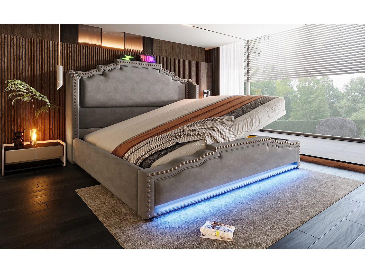 Lit double 160x200 cm en velours gris avec rangement hydraulique et éclairage LED