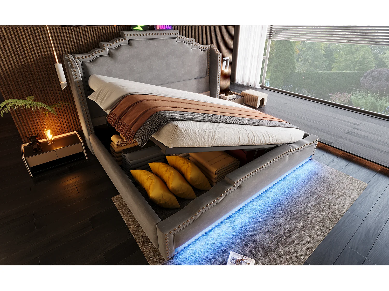 Lit double 160x200 cm en velours gris avec rangement hydraulique et éclairage LED