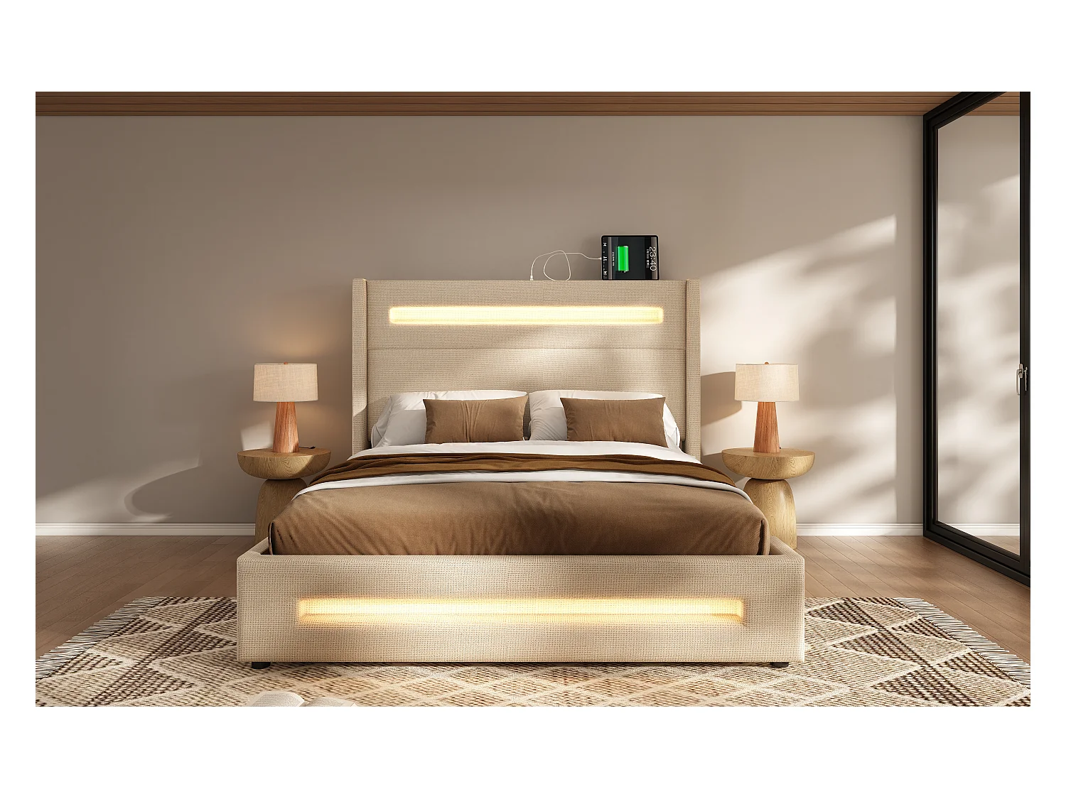 Lit double 160x200 cm en lin beige avec LED, rangement hydraulique et ports USB