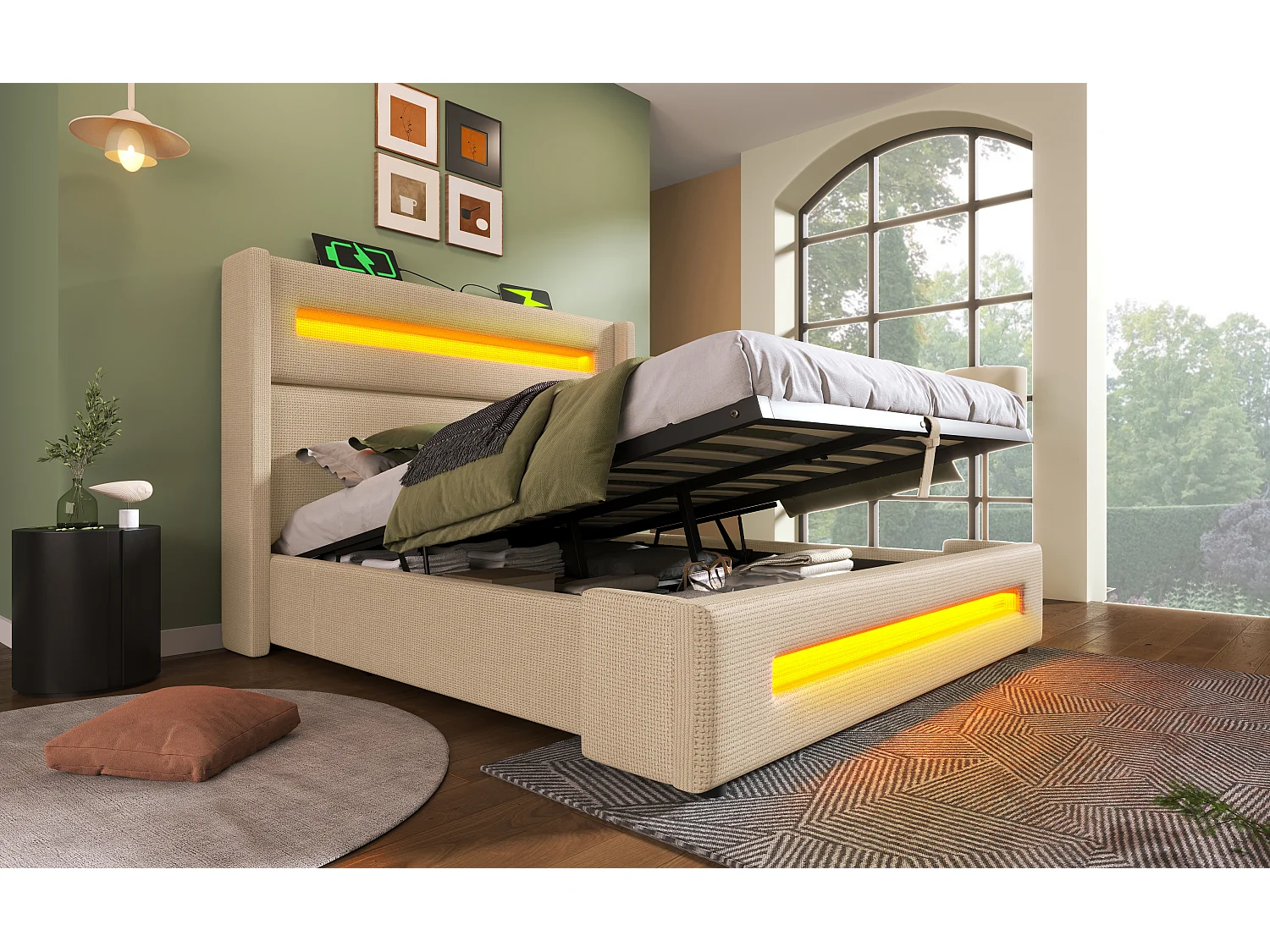 Lit double 160x200 cm en lin beige avec LED, rangement hydraulique et ports USB