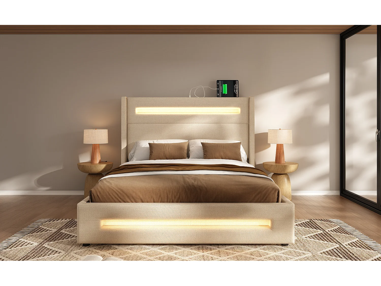 Lit double 160x200 cm en lin beige avec LED, rangement hydraulique et ports USB