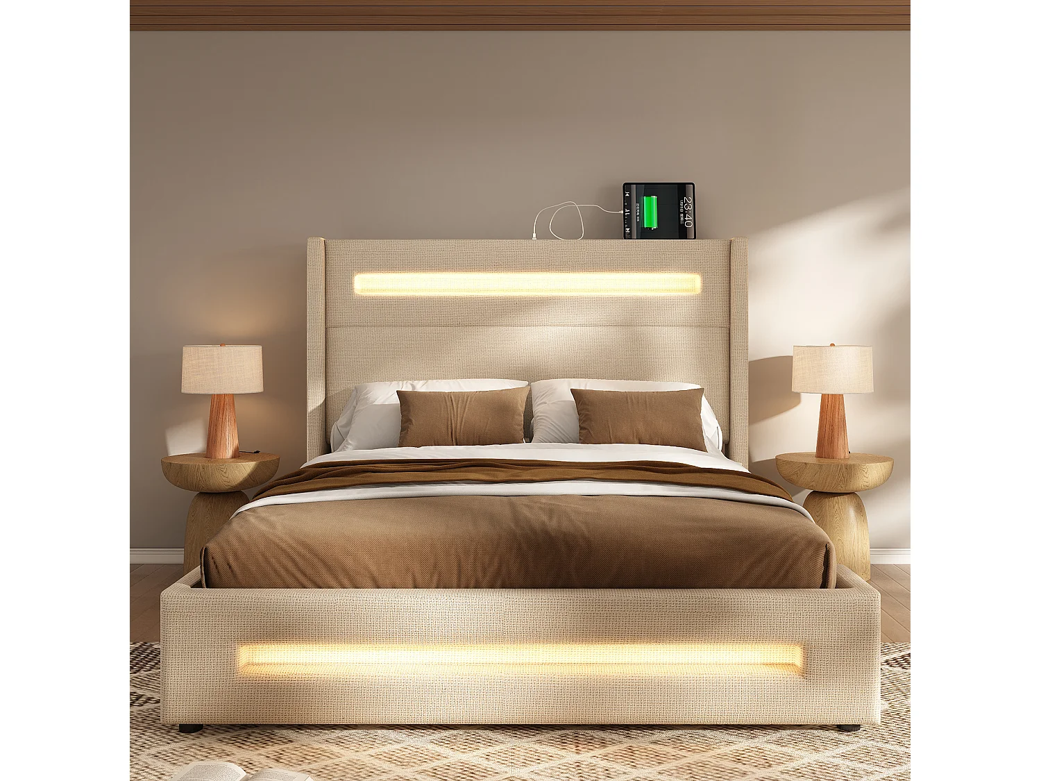 Lit double 160x200 cm en lin beige avec LED, rangement hydraulique et ports USB