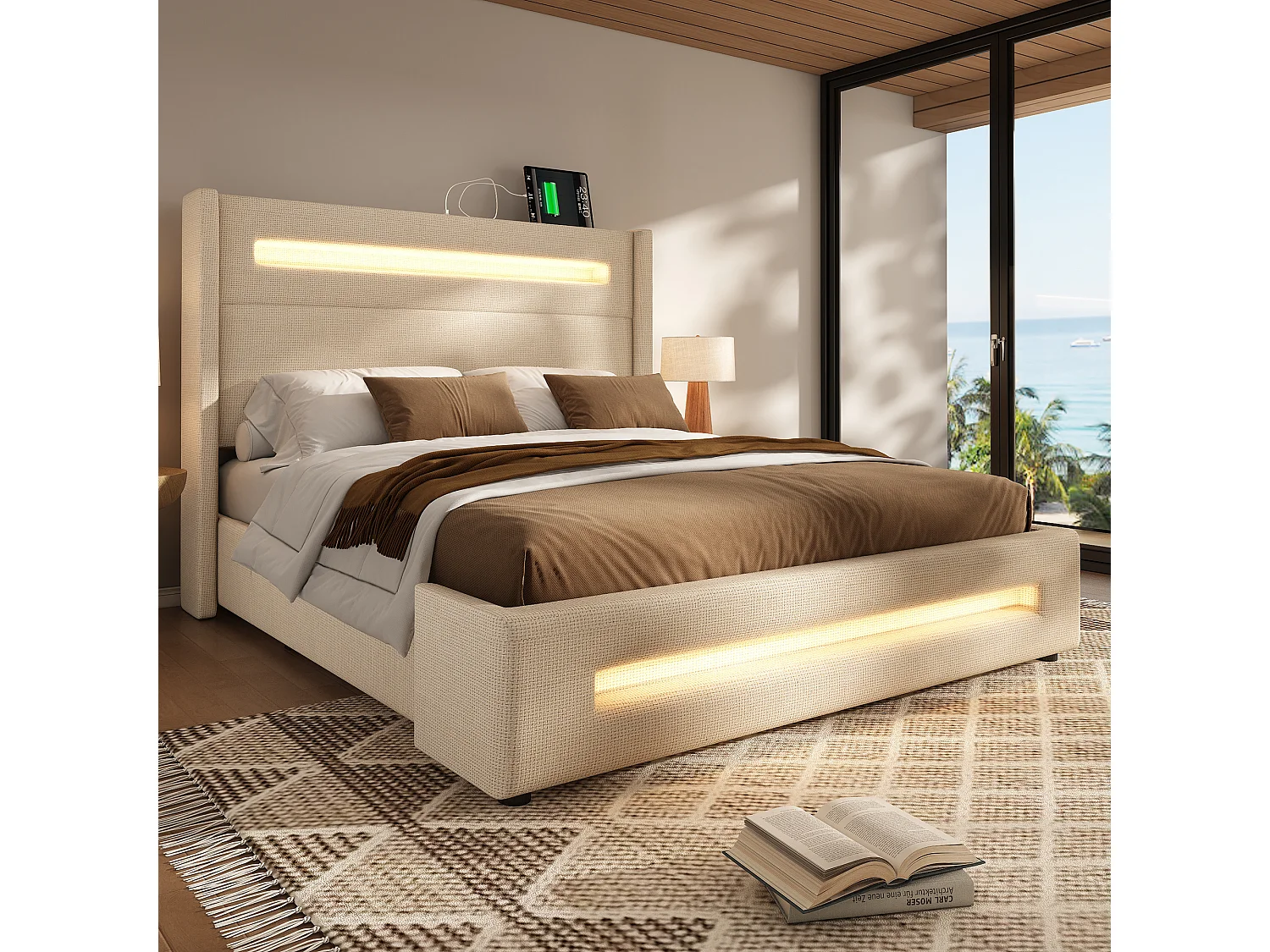 Lit double 160x200 cm en lin beige avec LED, rangement hydraulique et ports USB