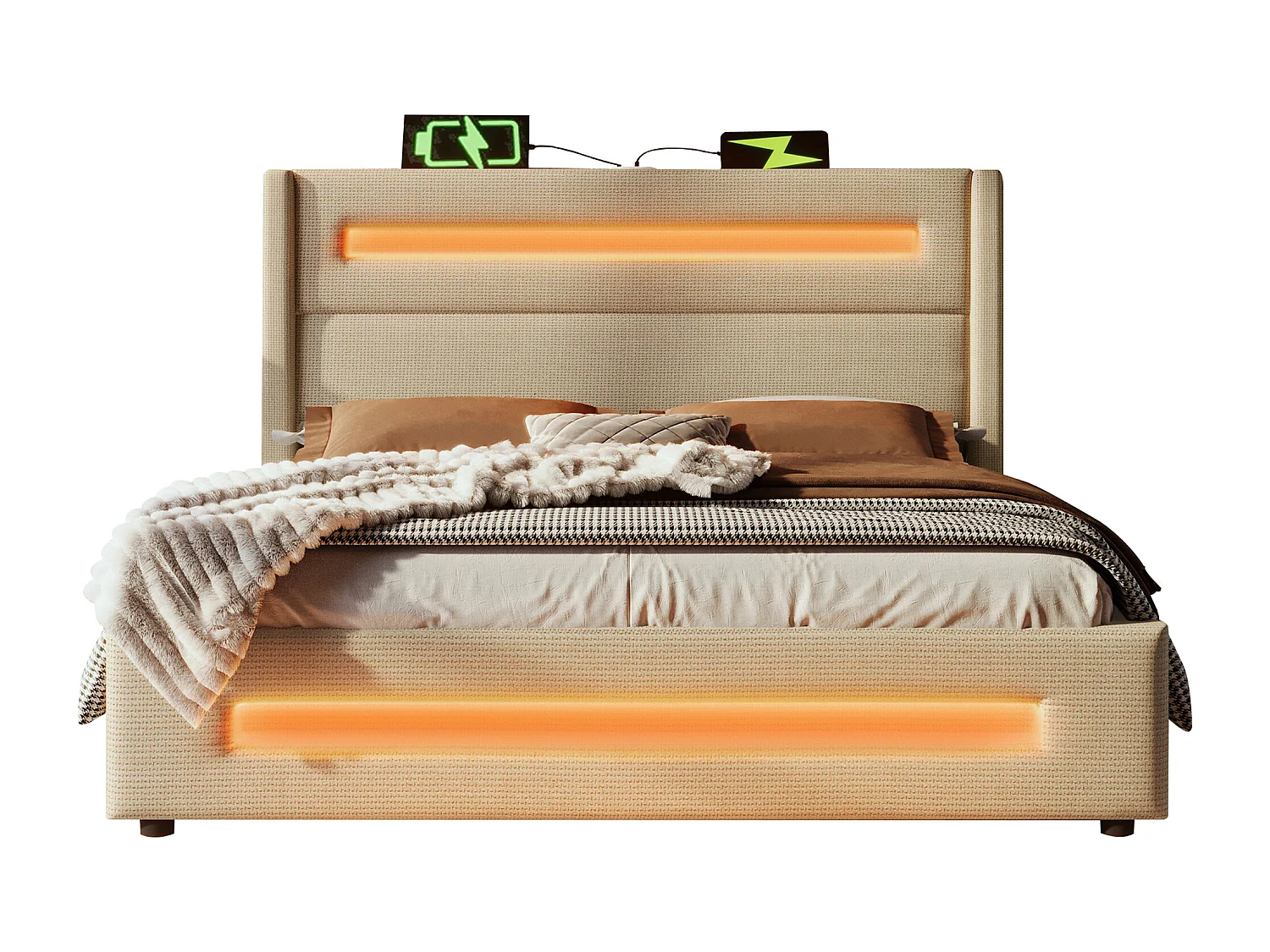 Lit double 160x200 cm en lin beige avec LED, rangement hydraulique et ports USB