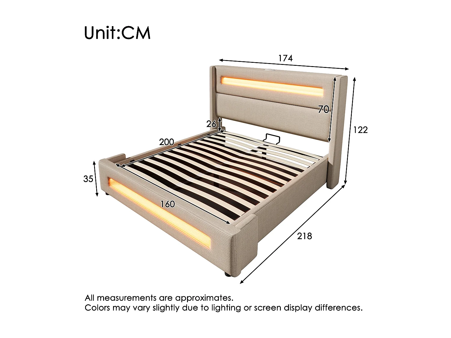 Lit double 160x200 cm en lin beige avec LED, rangement hydraulique et ports USB