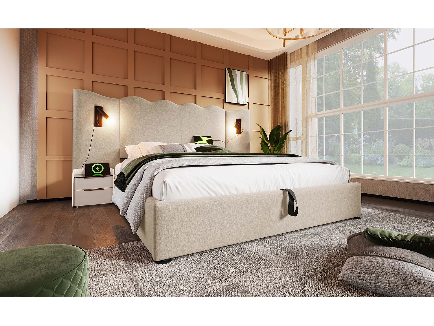 Lit double 160×200 cm en lin beige avec lampe de lecture pivotante et fonction de charge USB Type-C