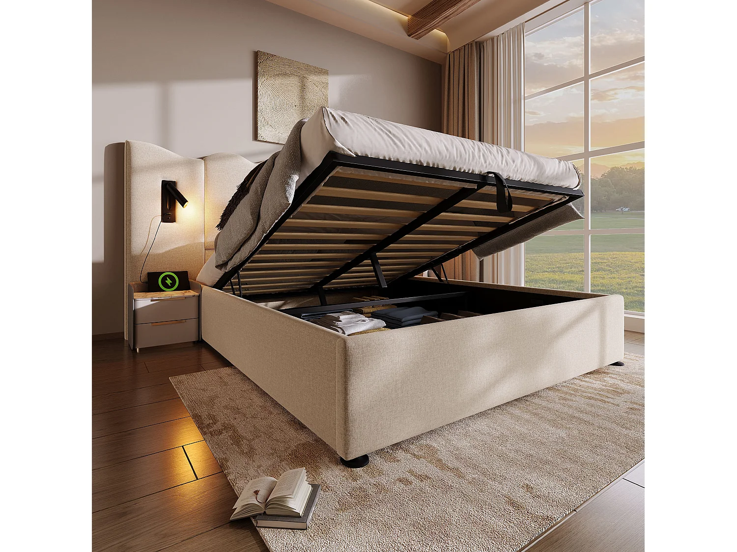 Lit double 160×200 cm en lin beige avec lampe de lecture pivotante et fonction de charge USB Type-C