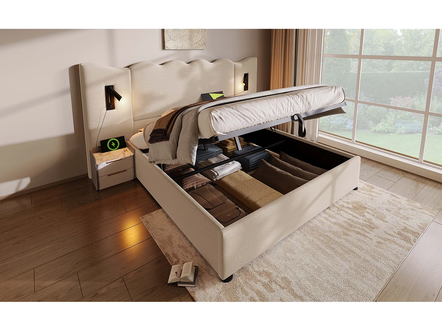 Lit double 160×200 cm en lin beige avec lampe de lecture pivotante et fonction de charge USB Type-C