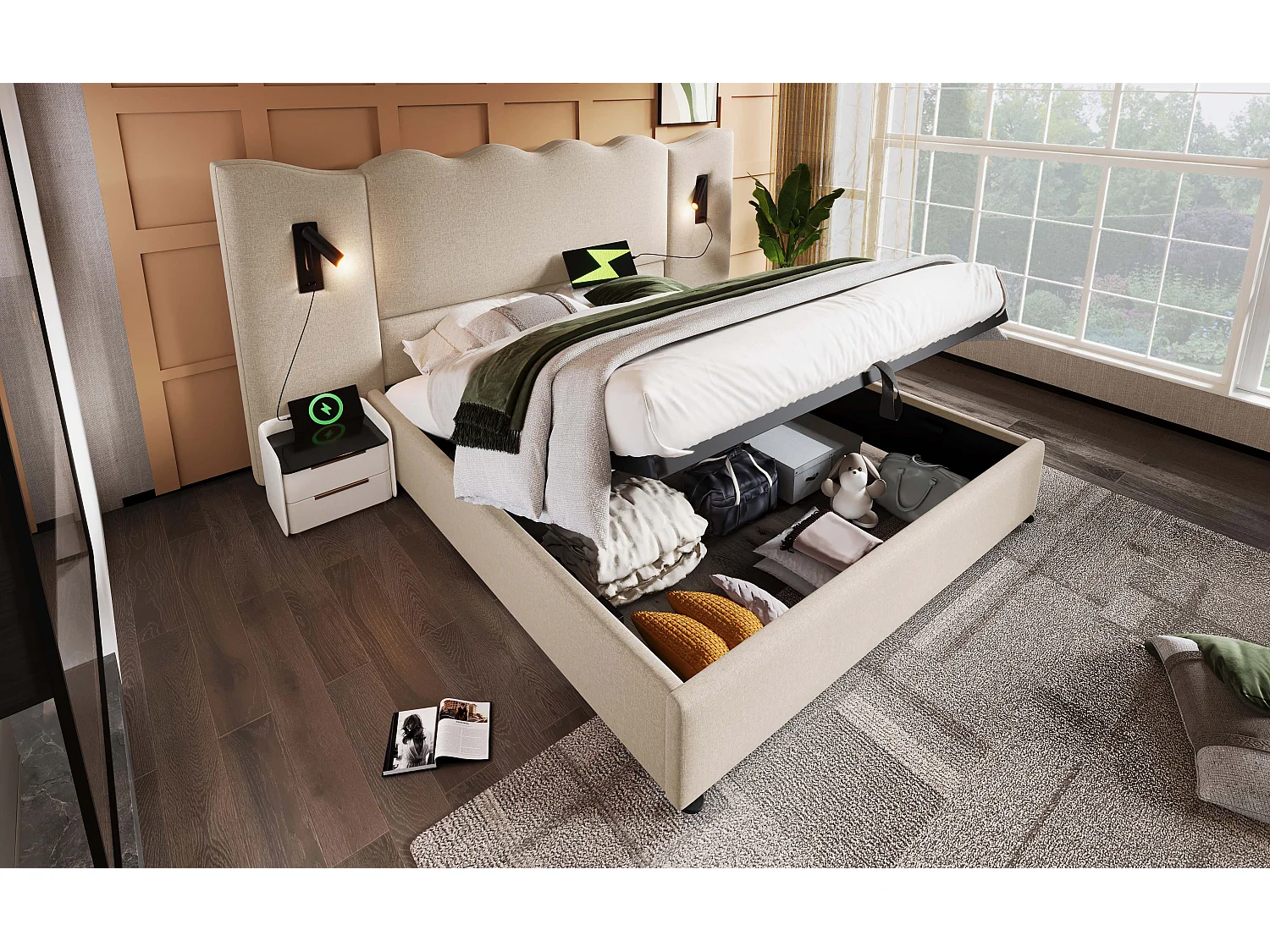 Lit double 160×200 cm en lin beige avec lampe de lecture pivotante et fonction de charge USB Type-C