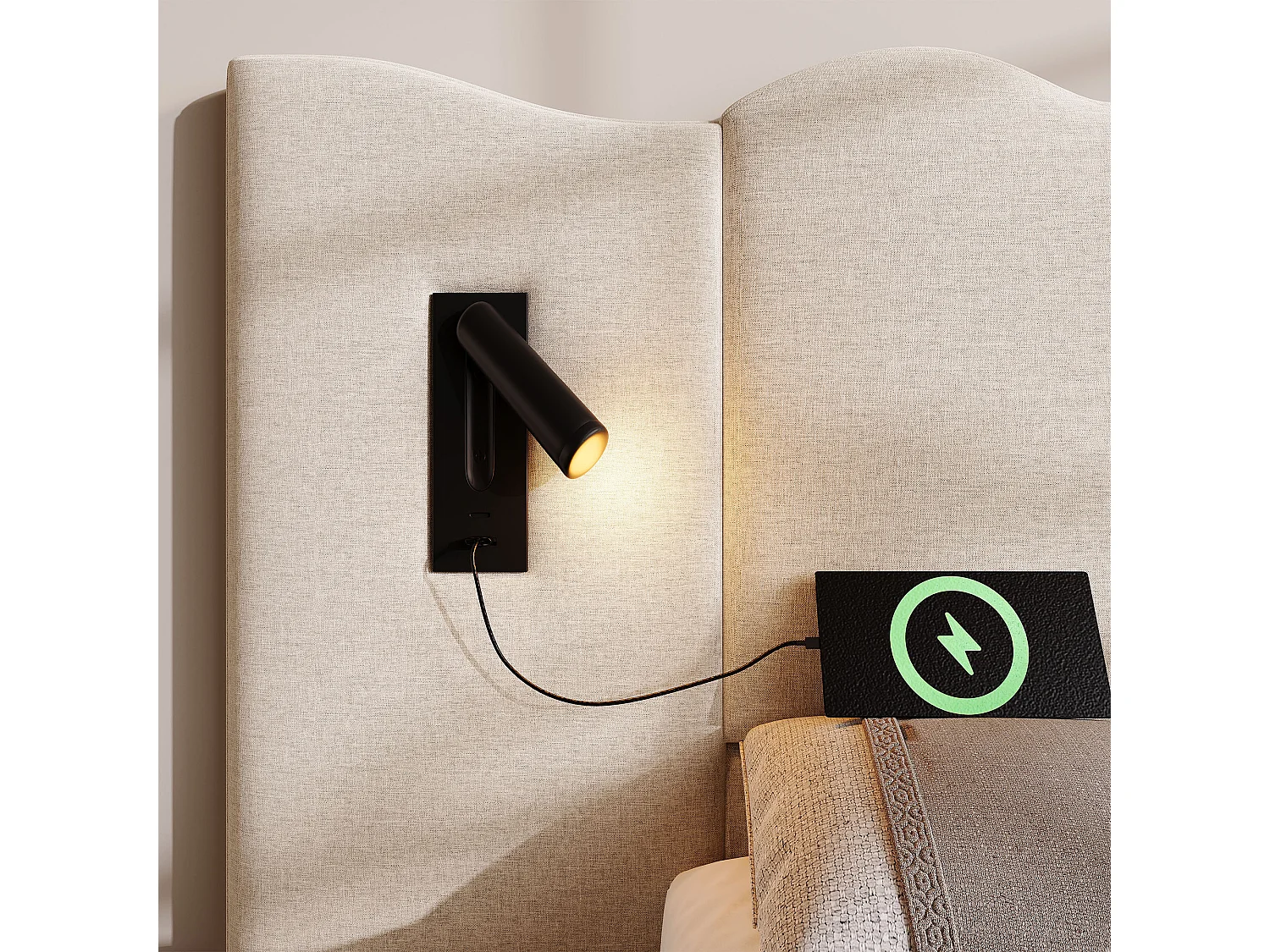 Lit double 160×200 cm en lin beige avec lampe de lecture pivotante et fonction de charge USB Type-C