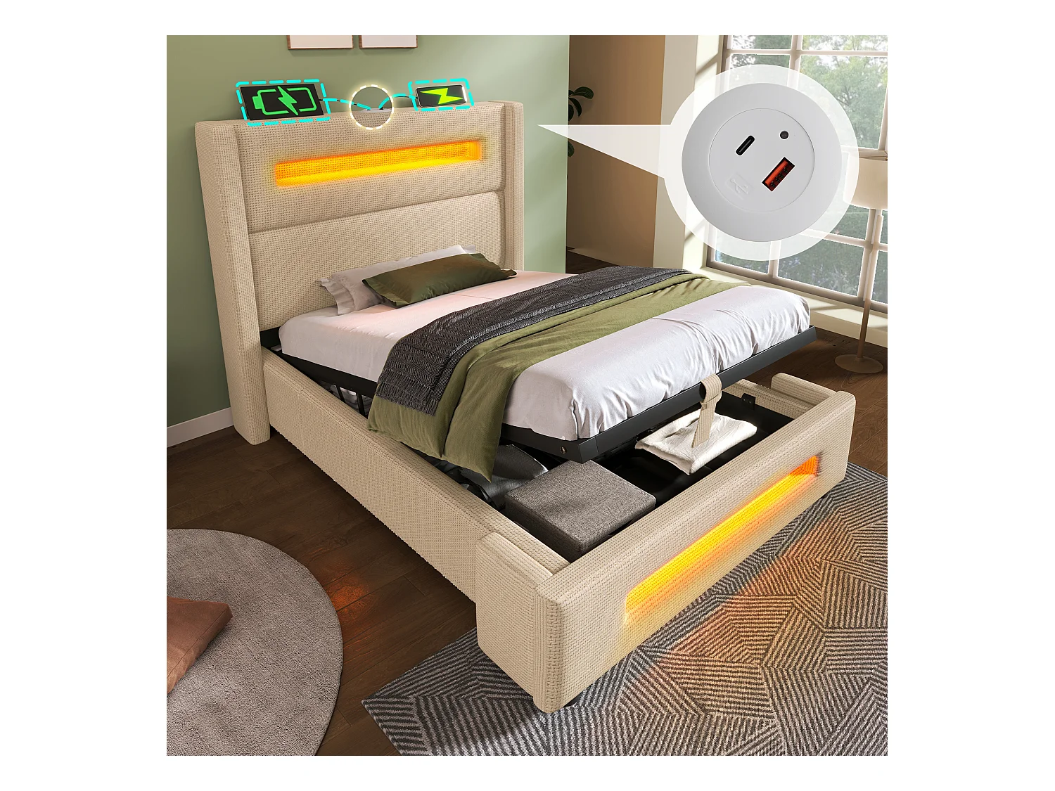 Lit simple 90x200 cm en beige avec LED, lit de jeunesse avec rangement hydraulique et ports USB