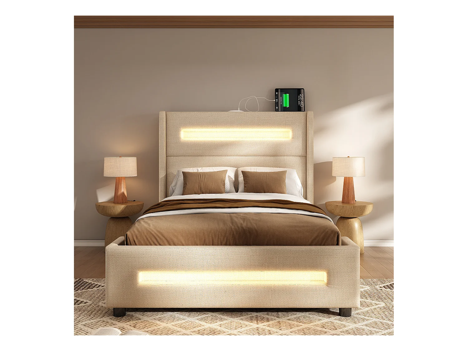 Lit simple 90x200 cm en beige avec LED, lit de jeunesse avec rangement hydraulique et ports USB
