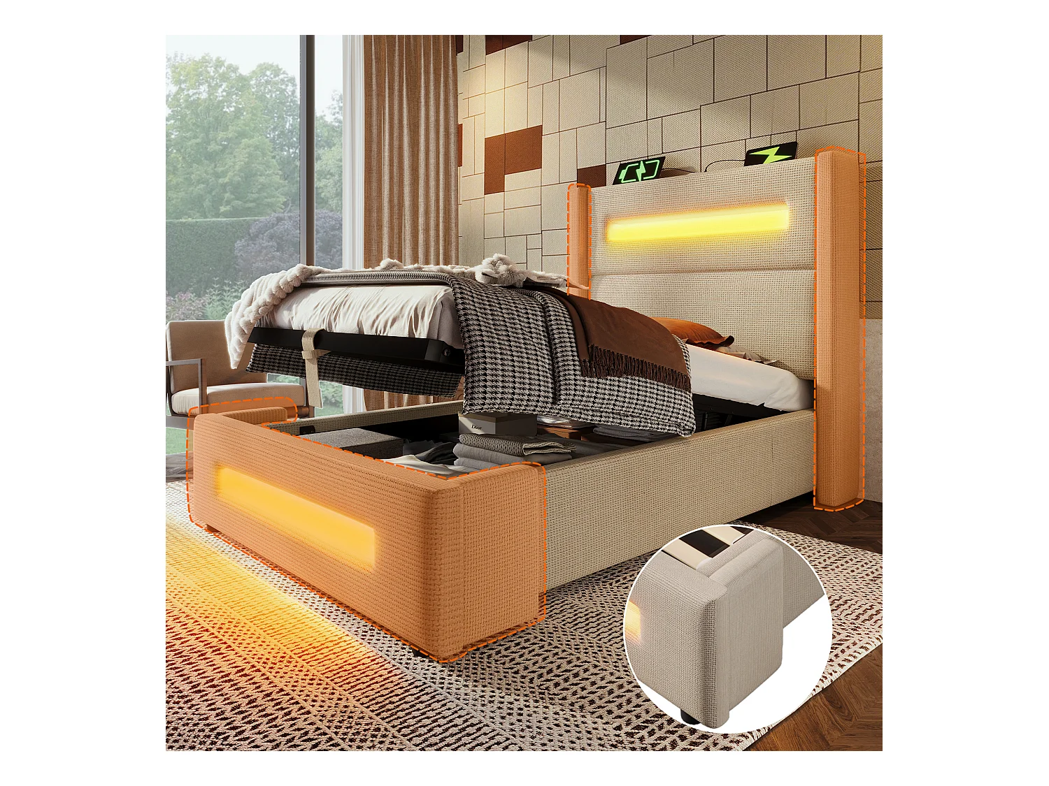 Lit simple 90x200 cm en beige avec LED, lit de jeunesse avec rangement hydraulique et ports USB