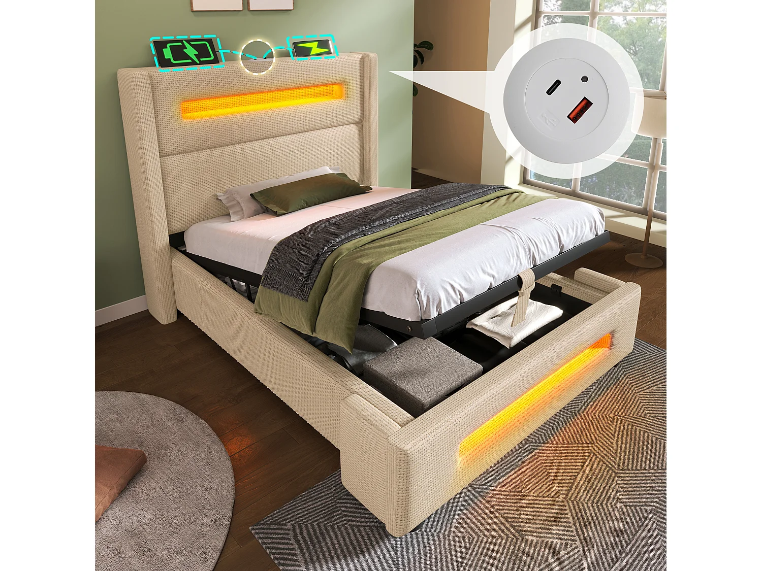 Lit simple 90x200 cm en beige avec LED, lit de jeunesse avec rangement hydraulique et ports USB