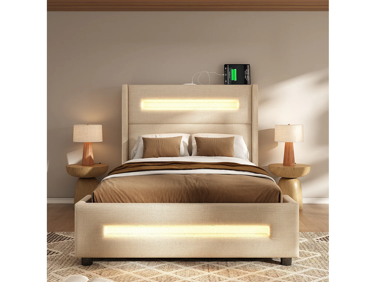 Lit simple 90x200 cm en beige avec LED, lit de jeunesse avec rangement hydraulique et ports USB