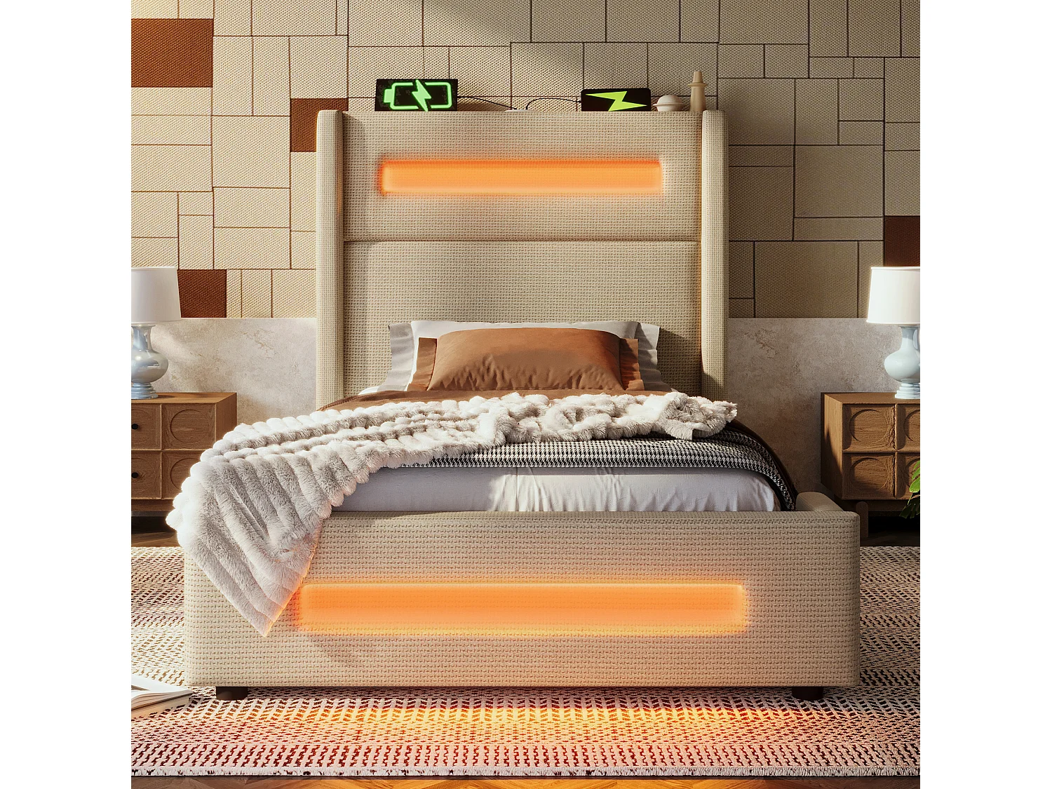 Lit simple 90x200 cm en beige avec LED, lit de jeunesse avec rangement hydraulique et ports USB